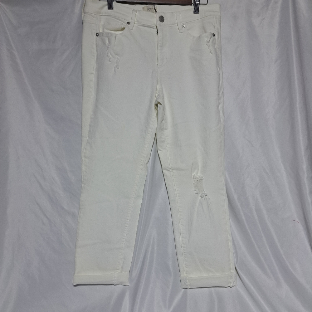 Loft Outlet Women's Mid Rise White Distressed Modern Denim Crop Jeans Size‎ 8